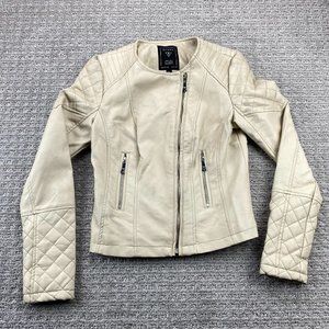 Guess Moto Jacket Women Extra Small XS Tan Full Zip Casual Biker 100% Polyester